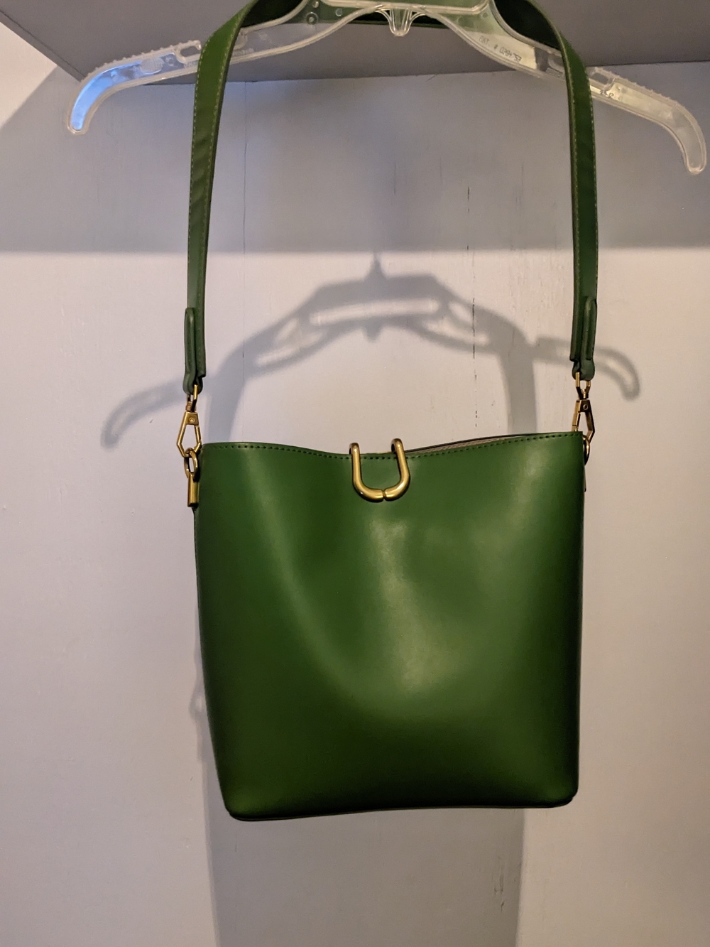 Madison West Green Faux Leather Shoulder Bucket Bag with Gold Accent